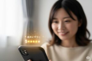 女性がスマートフォンで5つ星評価を確認している様子