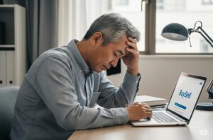 男性がパソコンでオンライン取引をしながら電話で相談している様子