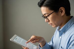 男性がタブレットで書類を確認している様子