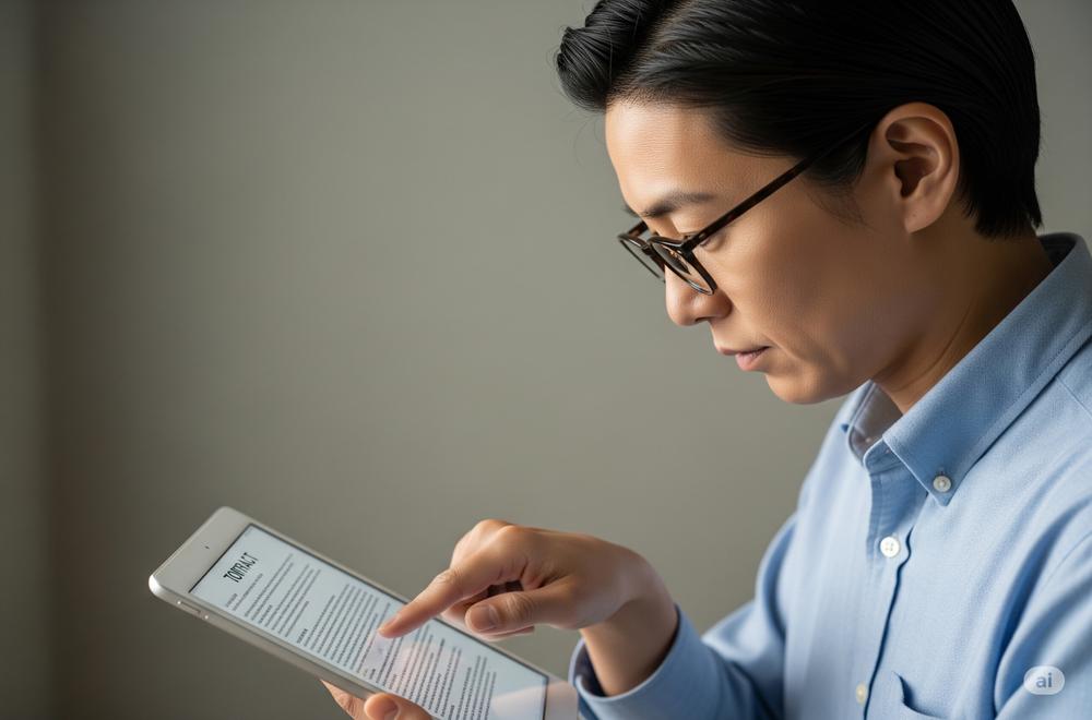男性がタブレットで書類を確認している様子