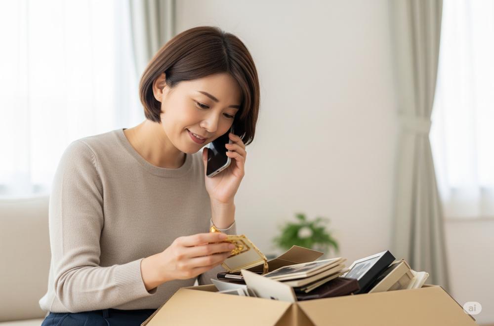 女性が電話をしながら荷物の整理をしている様子