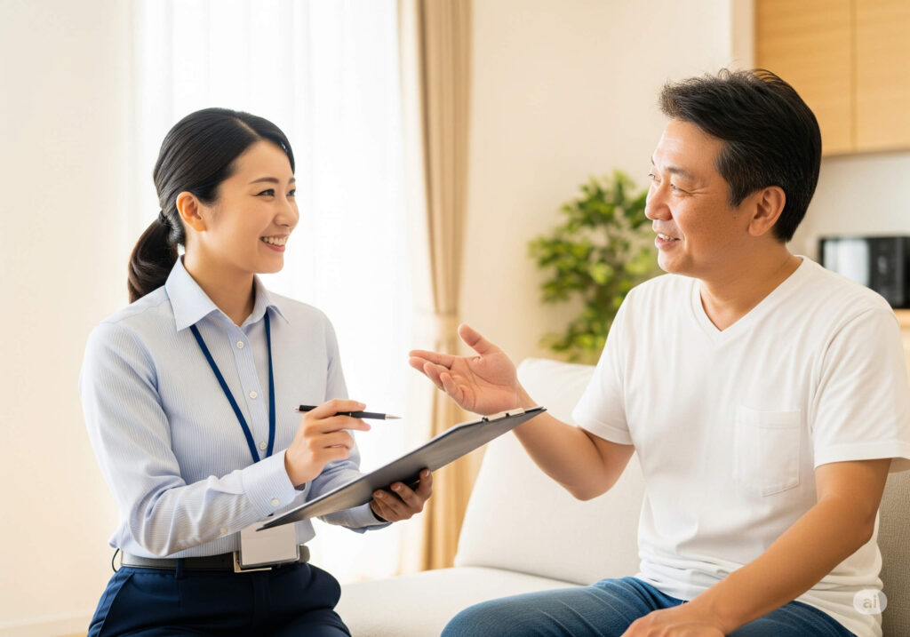 クリップボードを持った女性スタッフが男性顧客に対してアンケート調査を実施している様子
