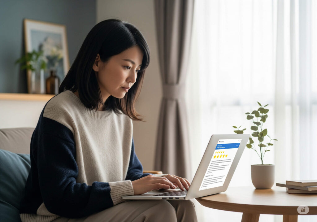 ノートパソコンでオンラインレビューサイトを閲覧している女性がソファに座って作業している様子