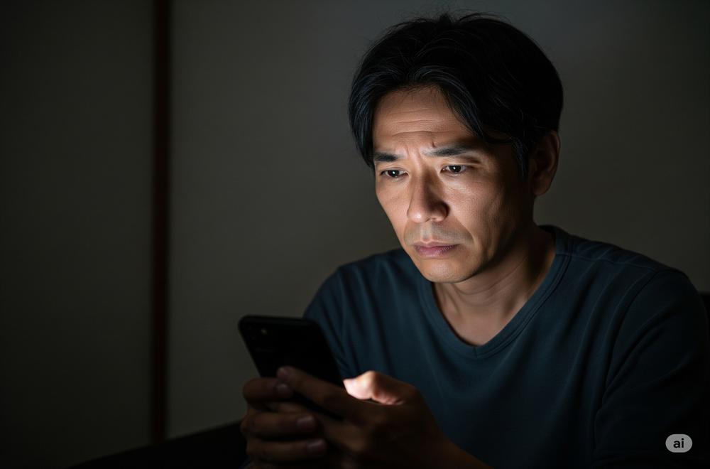 男性が薄暗い部屋でスマートフォンを見つめて考え込んでいる様子
